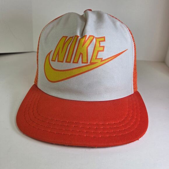 Vintage 1980s Nike Trucker Hat Orange White Mesh Snapback Big
